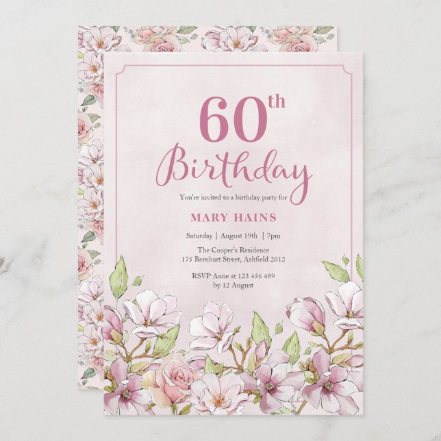 Invitation 60e anniversaire Pink Floral (Devant / Derrière)