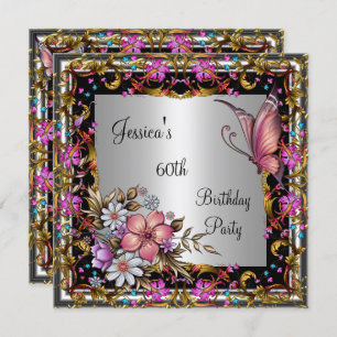 Invitation 60e anniversaire Pink Floral Butterfly Gold Argent