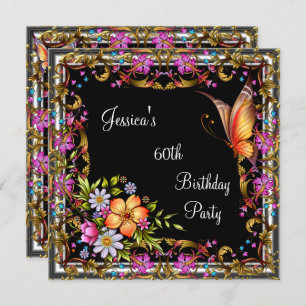Invitation 60e anniversaire Pink Floral Butterfly Gold Black 
