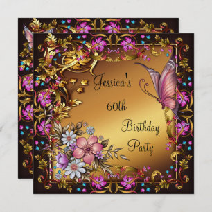 Invitation 60e anniversaire Pink Floral Butterfly Gold Black