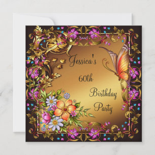 Invitation 60e anniversaire Pink Floral Butterfly Gold Black 