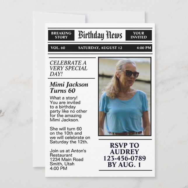 Invitation 60e Anniversaire Première page Journal Anniversair (Devant)