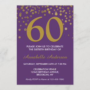 Invitation 60e Anniversaire Purple Gold Confetti Moderne Élég
