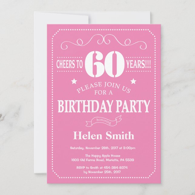 Invitation 60e anniversaire rose et blanc (Devant)