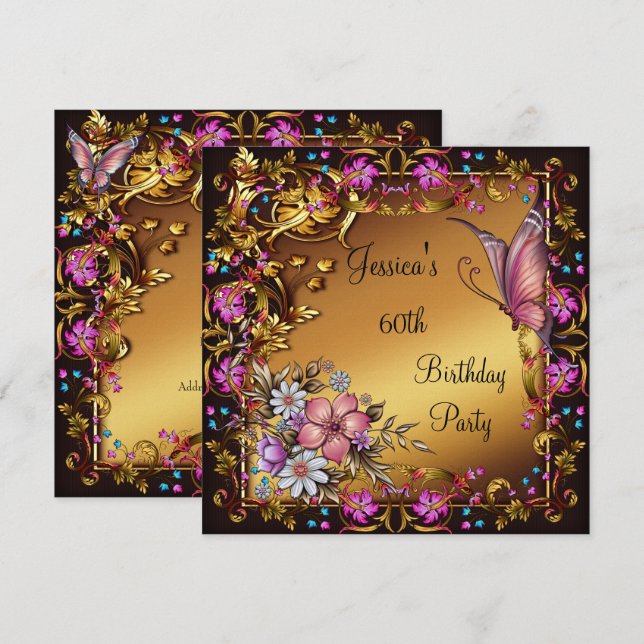 Invitation 60e Anniversaire Rose Floral Papillon Or Noir (Devant / Derrière)