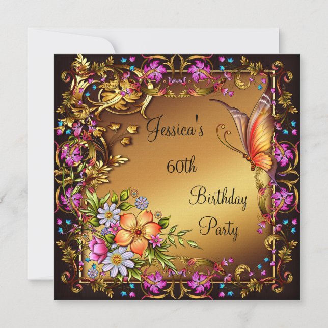 Invitation 60e Anniversaire Rose Floral Papillon Or Noir 2 (Devant)