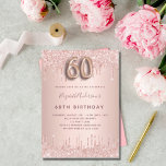 Invitation 60e anniversaire rose gouttes rose or<br><div class="desc">Une invitation moderne, élégante et glamour pour un 60ème anniversaire. Un arrière - plan d'or rose avec un look goutte de peinture rose. Le nom est écrit avec un rose moderne de couleur or foncé à la main écriture style. Personnalisez et ajoutez les détails de votre fête. Le numéro 60...</div>