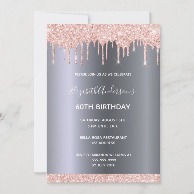 Invitation 60e anniversaire rose or parties scintillant goutt (Devant)