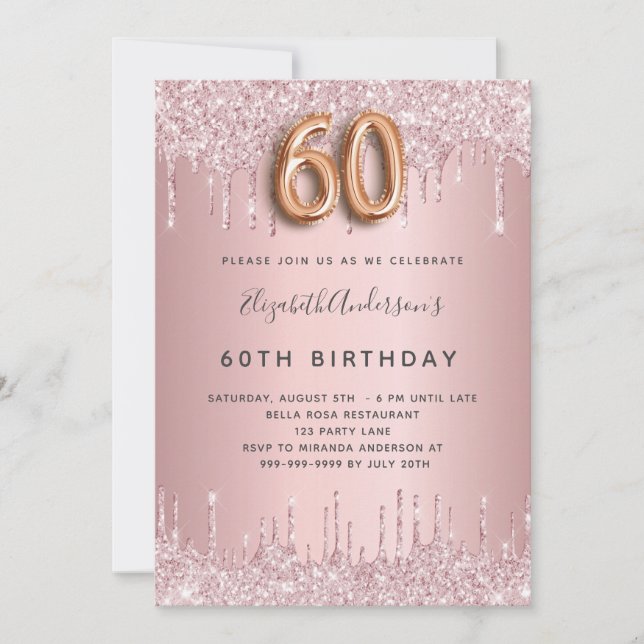Invitation 60e anniversaire rose poussiéreux parties scintill (Devant)