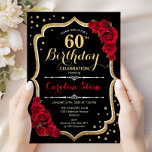 Invitation 60e Anniversaire - Roses Rouge Noir Or<br><div class="desc">Invitation de célébration de 60e anniversaire.
Design noir élégant avec des roses rouges et or à paillettes fausses.
Parfait pour une fête d'anniversaire élégante. Peut être personnalisé pour n'importe quel âge.</div>