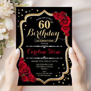 Invitation 60e Anniversaire - Roses Rouge Noir Or