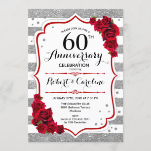 Invitation 60e anniversaire - Roses rouges blanches argentées