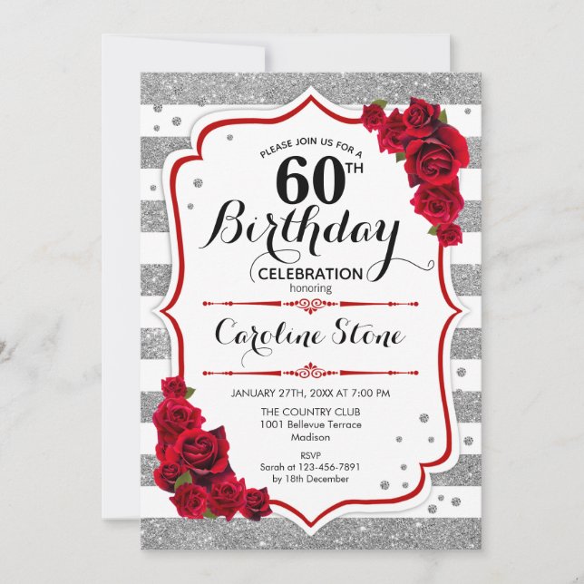 Invitation 60e anniversaire - Rouge argent blanc rayures Rose (Devant)