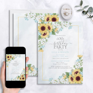 Invitation 60e anniversaire Rustique Dusty Blue Sunflower Scr