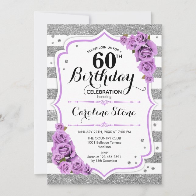 Invitation 60e anniversaire - Silver White Stripes Purple Ros (Devant)