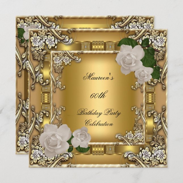 Invitation 60e Anniversaire Soirée Gold Elegant Crème Rose 2 (Devant / Derrière)
