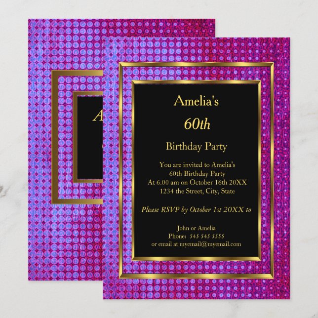 Invitation 60e Anniversaire Soirée Gold Purple Black (Devant / Derrière)