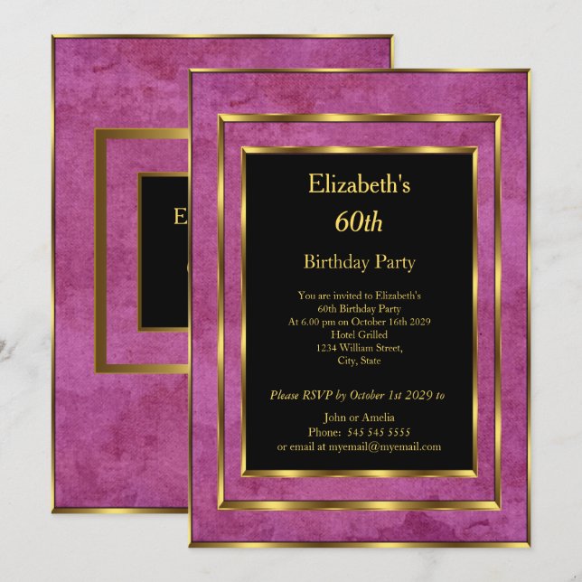 Invitation 60e Anniversaire Soirée Gold Purple Black Invitati (Devant / Derrière)