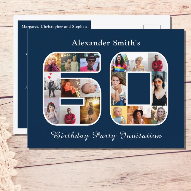 Invitation 60e anniversaire Soixante photo bleu fo (Personalized 60th birthday postcard invitation. Dark blue with photo collage template.)