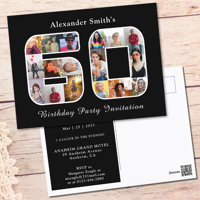 Invitation 60e anniversaire Soixante photo noir bl (Black and white 60th birthday personalized party invitation. Complete with photo collage template.)