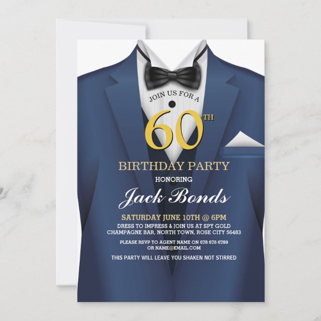 Invitation 60e Anniversaire Spy Suit Marine tie Gold Invitati (Devant)