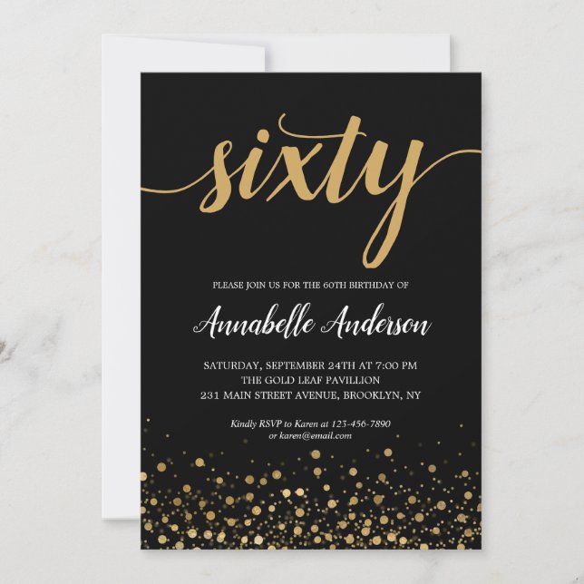 Invitation 60e anniversaire stylish Black Gold Confetti Scrip (Devant)