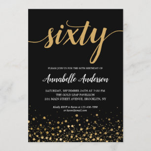 Invitation 60e anniversaire stylish Black Gold Confetti Scrip