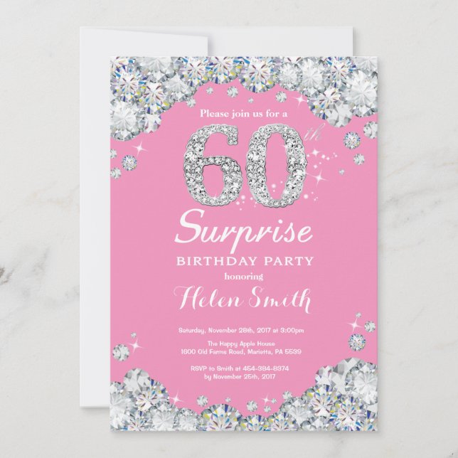 Invitation 60e anniversaire surprise Diamant rose et argent (Devant)