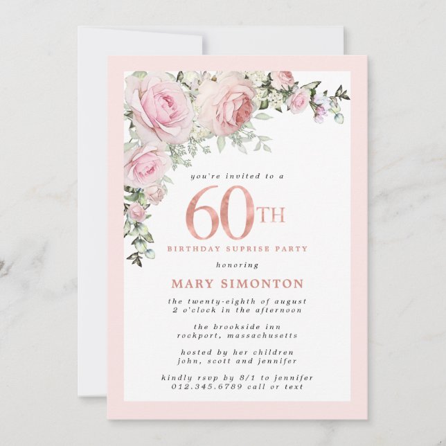 Invitation 60e anniversaire Surprise Party Rose rose Floral (Devant)