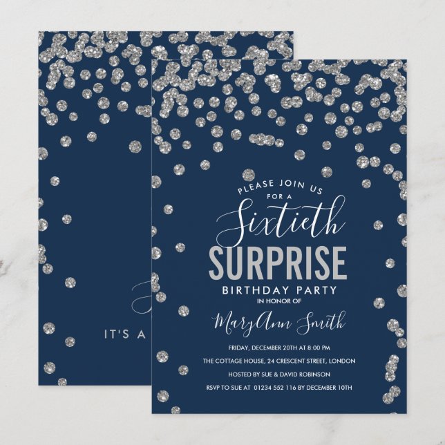 Invitation 60e anniversaire surprise Silver Navy Blue (Devant / Derrière)