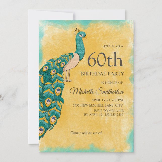 Invitation 60e anniversaire Turquoise Aquarelle jaune Peacock (Devant)
