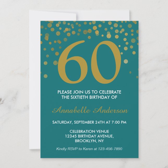 Invitation 60e anniversaire Turquoise Gold Confetti Moderne É (Devant)