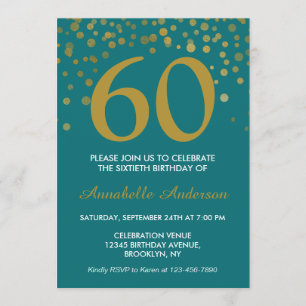 Invitation 60e anniversaire Turquoise Gold Confetti Moderne É