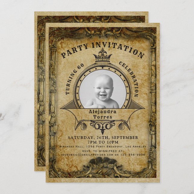 Invitation 60e anniversaire Vintage Retro Photo Surprise Part (Devant / Derrière)