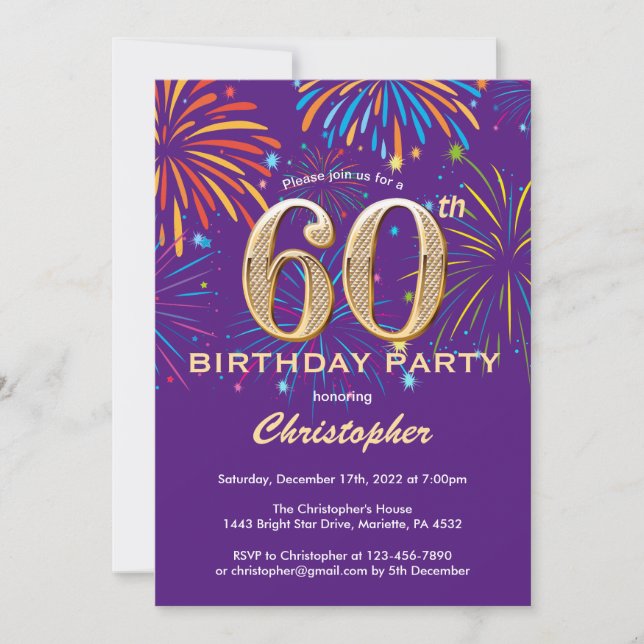 Invitation 60e anniversaire violet et or arc-en-ciel feux (Devant)