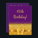 Invitation 60e anniversaire violet or arc élégant<br><div class="desc">Elégante,  classique,  glamour et de style féminin invitation à la fête. Un ruban et un arc de couleur or. Couleur arrière - plan violette et violette. Avec le texte : 60e anniversaire! sur le devant Ajoutez les détails de votre événement sur le dos.</div>