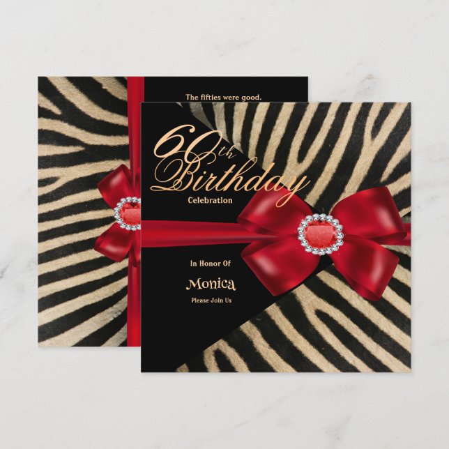 Invitation 60e anniversaire Zebra Red Bow & Diamonds (Devant / Derrière)