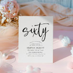 Invitation 60e B&W Anniversaire de fête Typographie de script<br><div class="desc">Ce design moderne, noir et blanc présente le mot "soixante" dans une calligraphie de style script et une typographie moderne élégamment espacée comprenant des polices serif classiques. Les invitations renversent vers un délicat motif triangulaire extensible en noir et gris chromatique. Convient aux hommes ou aux femmes. Choisissez parmi les invitations...</div>