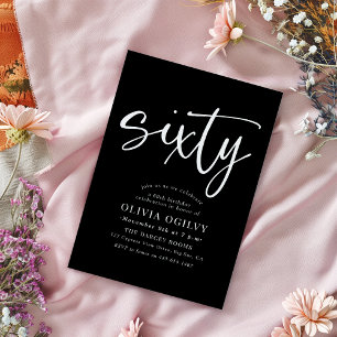 Invitation 60e Blanc sur Noir fête d'anniversaire Script mode