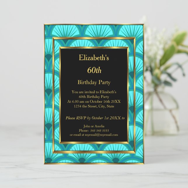 Invitation 60e fête d'anniversaire Art déco Turquoise bleu no (Debout devant)