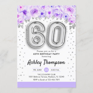 Invitation 60e fête d'anniversaire - Ballons d'argent violet