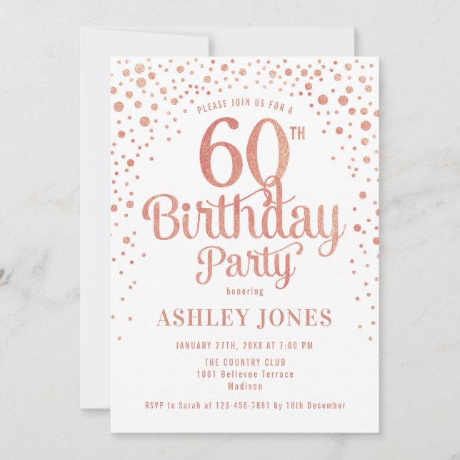 Invitation 60e fête d'anniversaire - Blanc & Rose Gold (Devant)