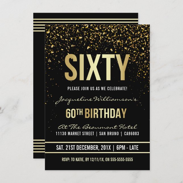 Invitation 60e fête d'anniversaire | Confetti en or chatoyant (Devant / Derrière)