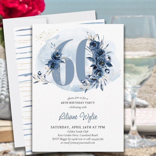 Invitation 60e fête d'anniversaire Côte Bleu Floral Numéro 60 (Créateur téléchargé)