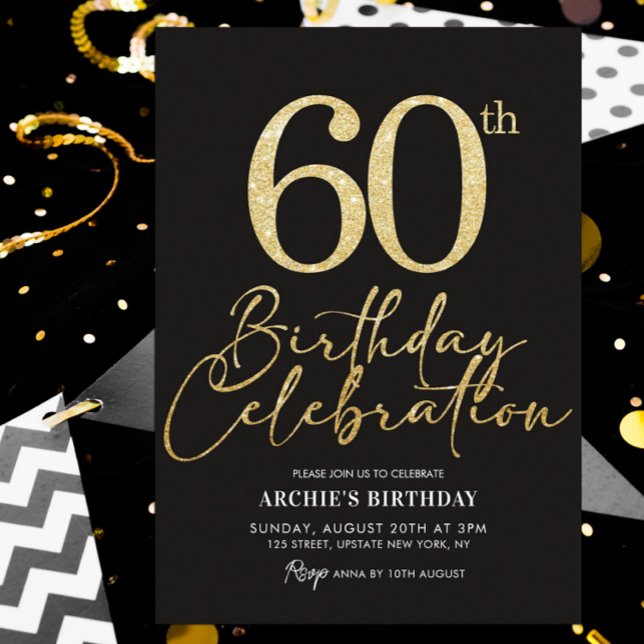 Invitation 60e fête d'anniversaire Elegant Black & Gold Parti (60th birthday elegant gold glitter invitation)