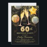 Invitation 60e fête d'anniversaire Gold Black Parties scintil<br><div class="desc">Une invitation audacieuse et dynamique à la fête du 60e anniversaire avec des lunettes de champagne,  ballons et confettis de parties scintillant d'or,  or sur noir. Faux feuille d'or sur le dos de l'invitation.</div>