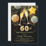 Invitation 60e fête d'anniversaire Gold Black Parties scintil<br><div class="desc">Une invitation audacieuse et dynamique à la fête du 60e anniversaire avec des lunettes de champagne,  ballons et confettis de parties scintillant d'or,  or sur noir. Faux feuille d'or sur le dos de l'invitation.</div>