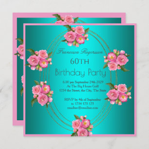 Invitation 60e fête d'anniversaire Gold Turquoise Fleurs rose