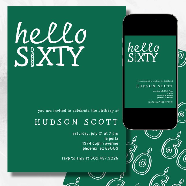 Invitation 60e fête d'anniversaire Hello Sixty Modern Green (Créateur téléchargé)