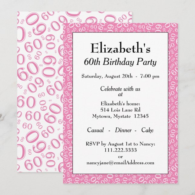 Invitation 60e fête d'anniversaire Motif de numéro rose/blanc (Devant / Derrière)